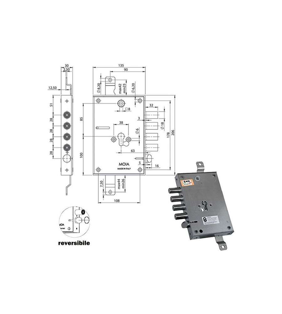 Serratura Sicura Triplice Sx Cilindro E63 Rmef664/280 Moia