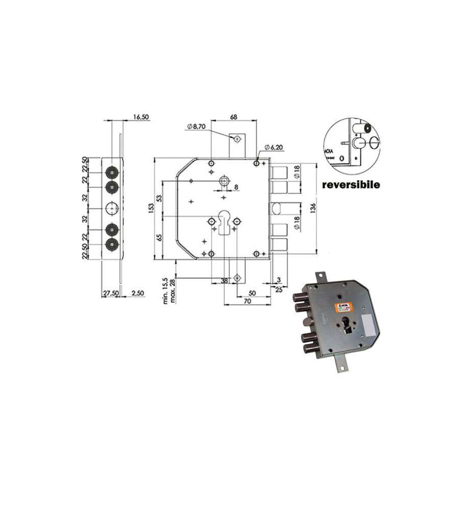 Serratura Sic.Triplice Dx Cil. E73 Rte654/220 Moia