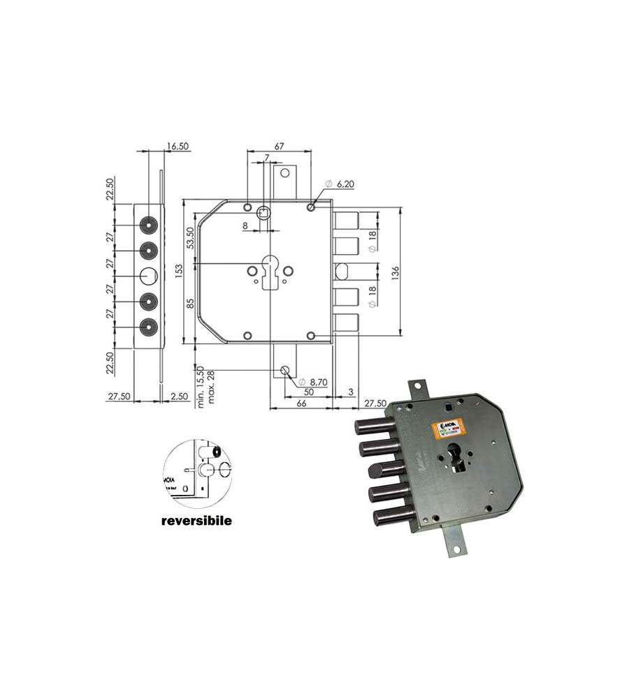 Serratura Sicura Triplice Dx Cilindro E63 Res654+33/270 Moia