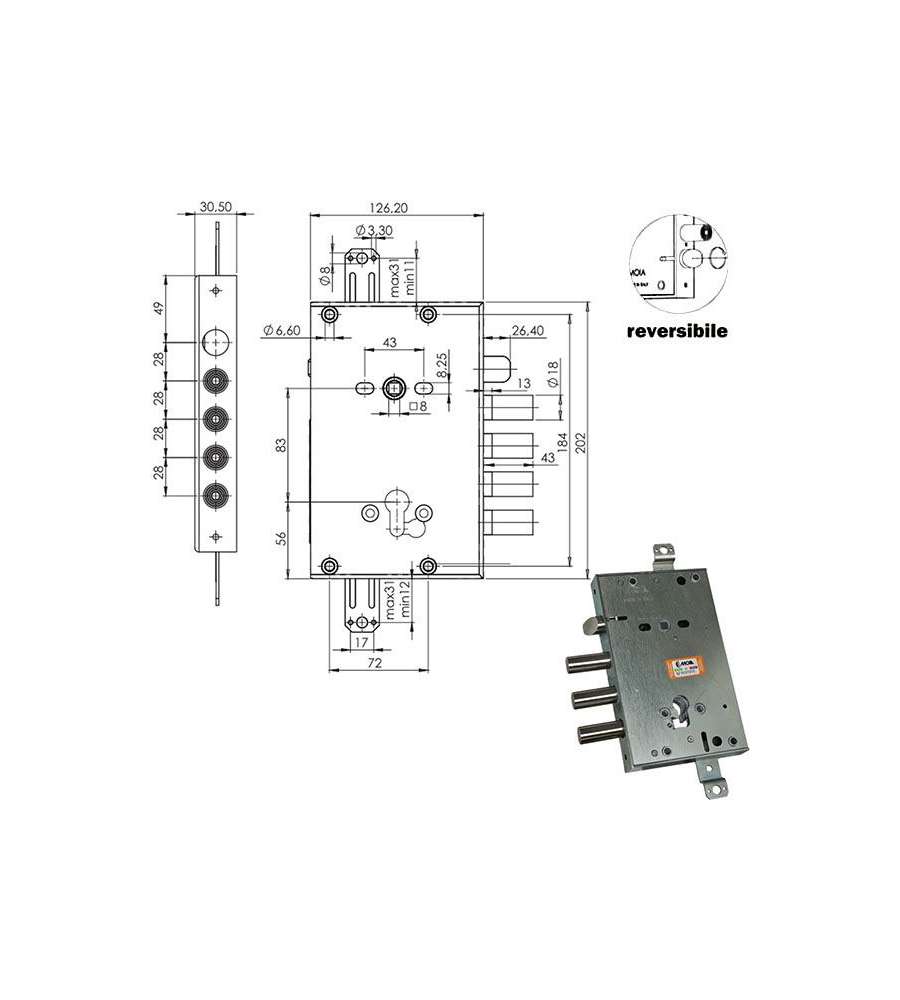 Serratura Sicura Triplice Cilindro  E63 Rci664+10/280 Moia