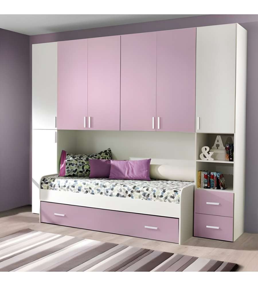 Mcs Mobili - Camera Ponte Eco Easy - Rete a Doghe - Bianco Frassinato e Lilla - Misure 287x92x245H