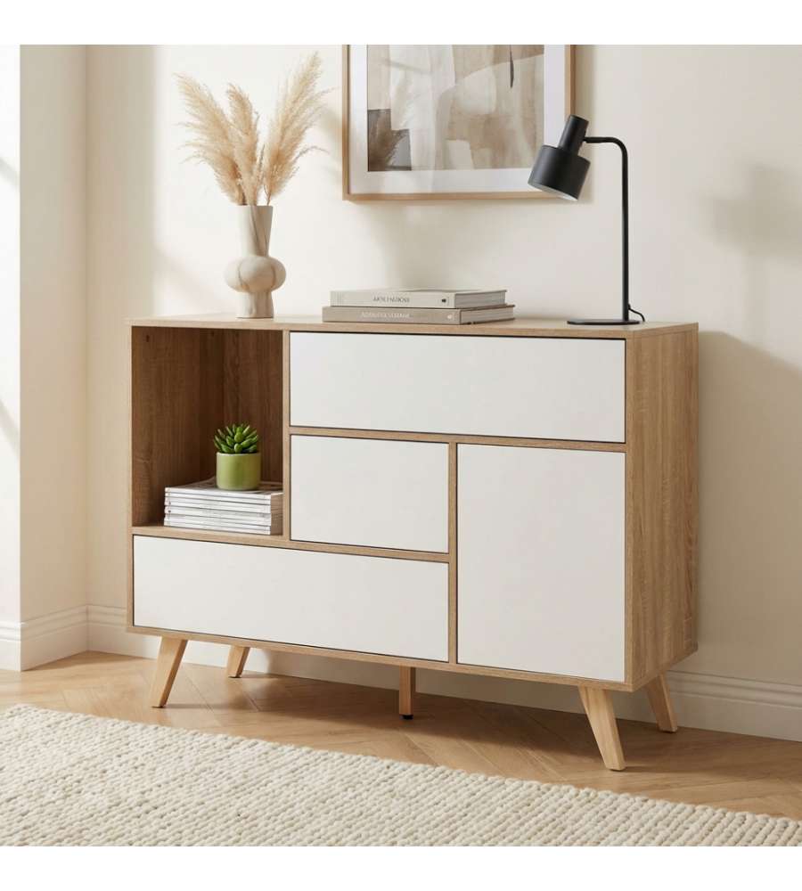 Cosma Mobile Soggiorno Basso 119x85,6 cm Bianco e Naturale con 1 Anta e 3 Cassetti