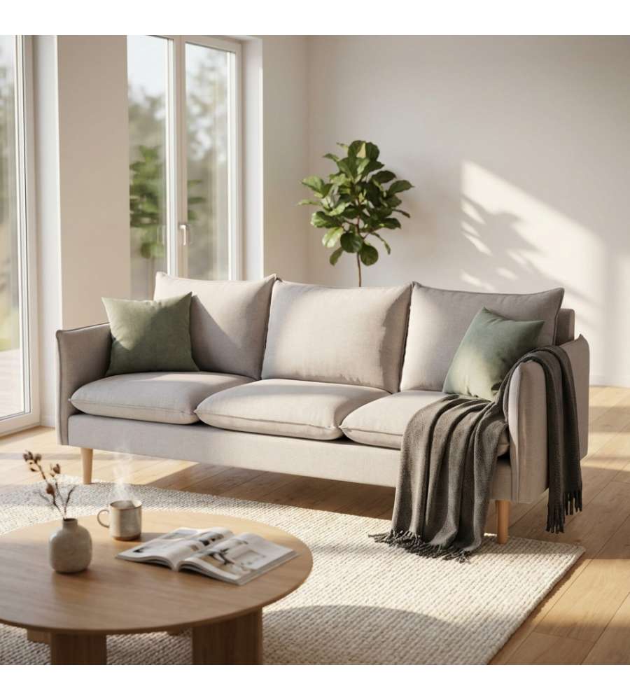 Cosma Divano 3 Posti Beige in Tessuto con Gambe in Legno 188x84 cm