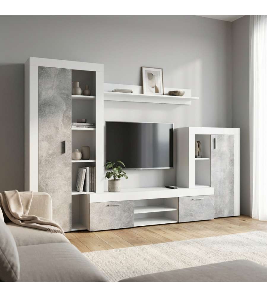 Cosma Parete Soggiorno Nobel Bianco e Grigio Effetto Cemento 263x40x200 cm cm
