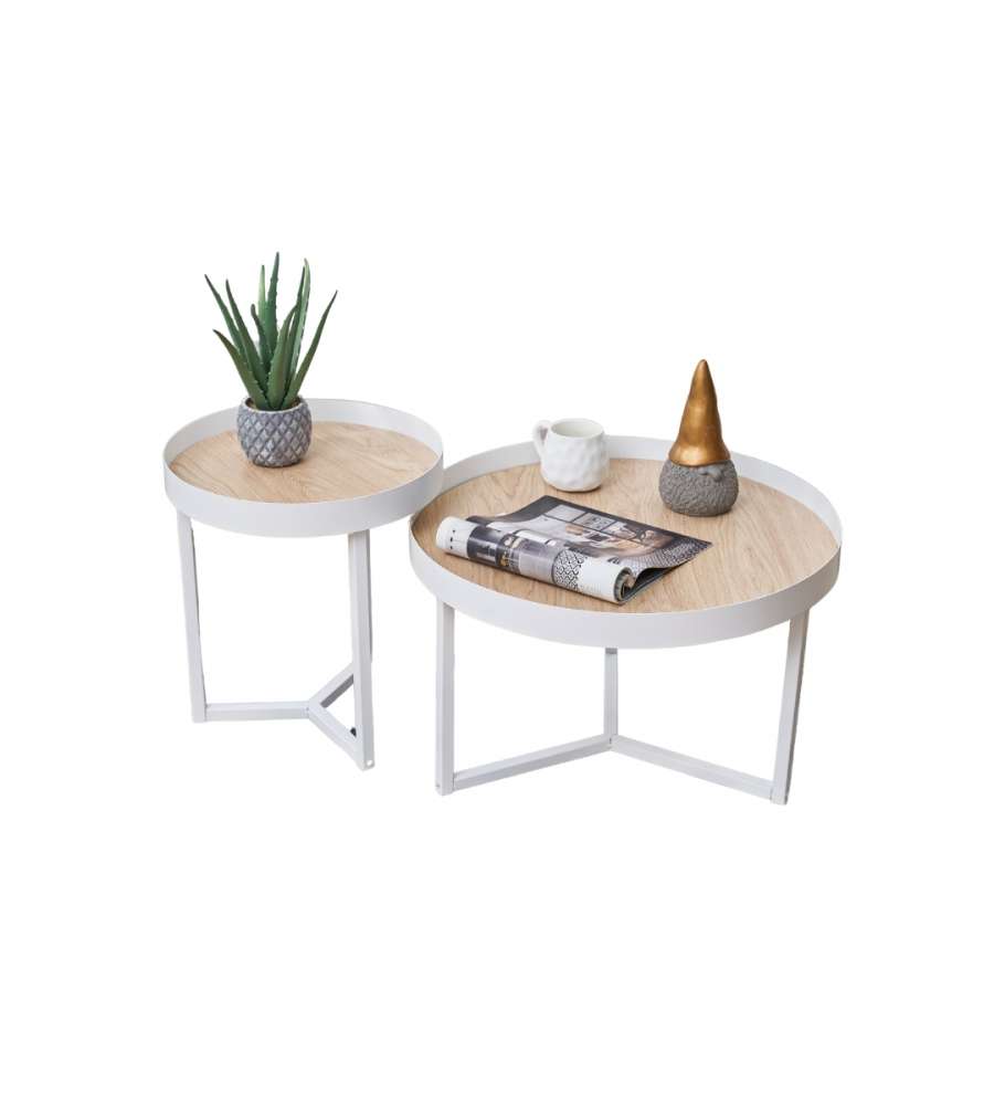 Domo Mea Set di 2 Tavolini Caff Bianchi e Rovere - 60 e 40 cm