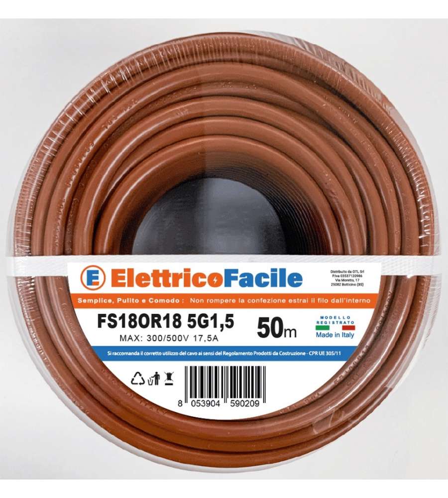 Cavo Elettrico FS18OR18 5G1,5 mm� Marrone 50 m per Edifici e Sicurezza