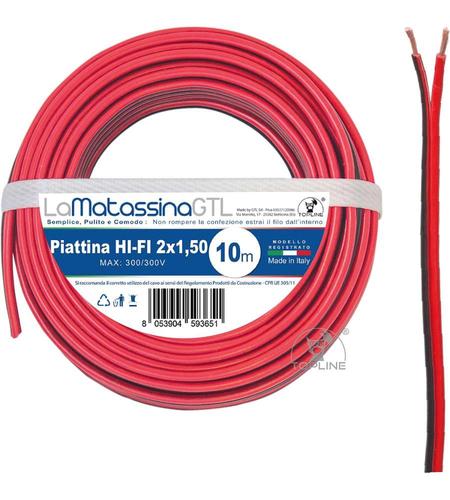 Go-At Topline Piattina 03VHH 2x1,5 Rosso/Nero 10m per Altoparlanti e Alimentazione