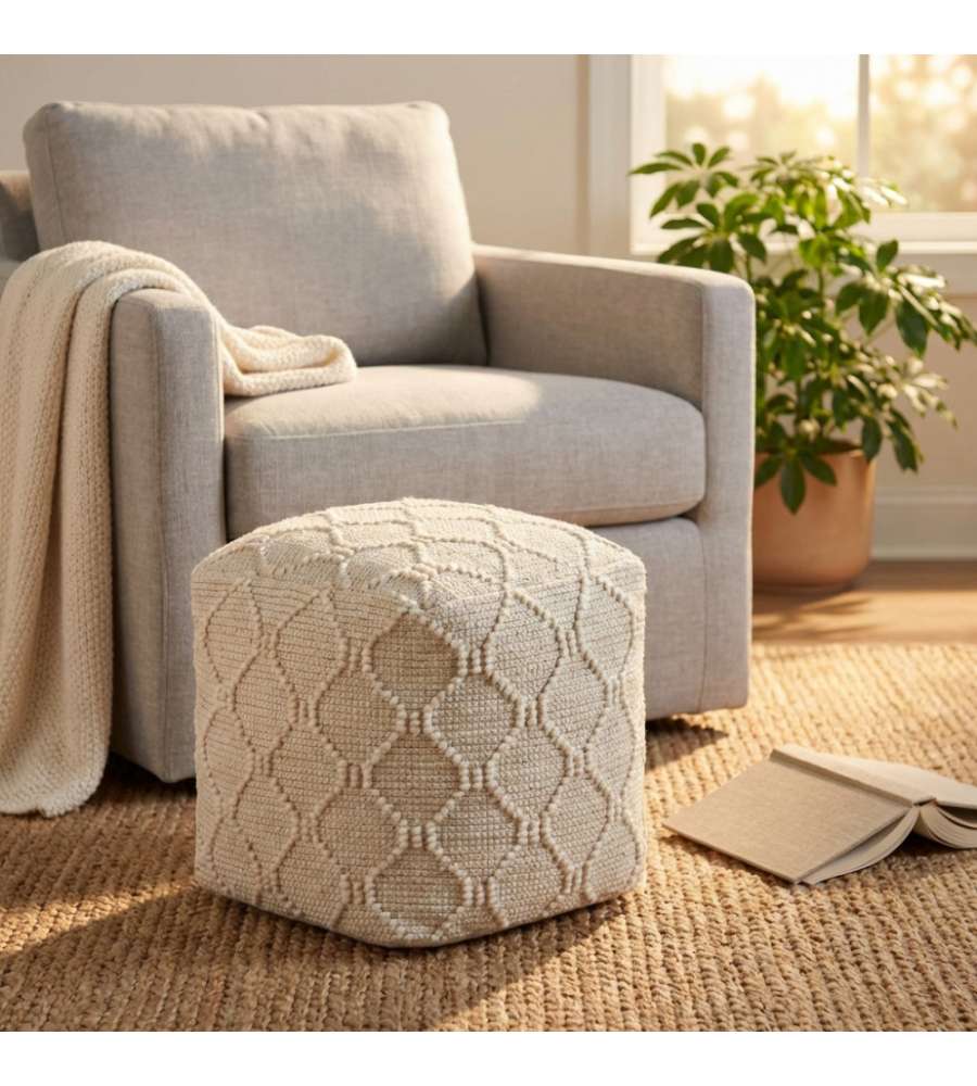 Cosma Pouf Quadrato Bianco in Juta/Lana 40x40 cm Design Moderno