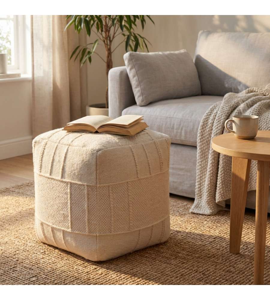 Cosma Pouf Quadrato Bianco 40x40 cm in Cotone/Lana Fisso Moderno