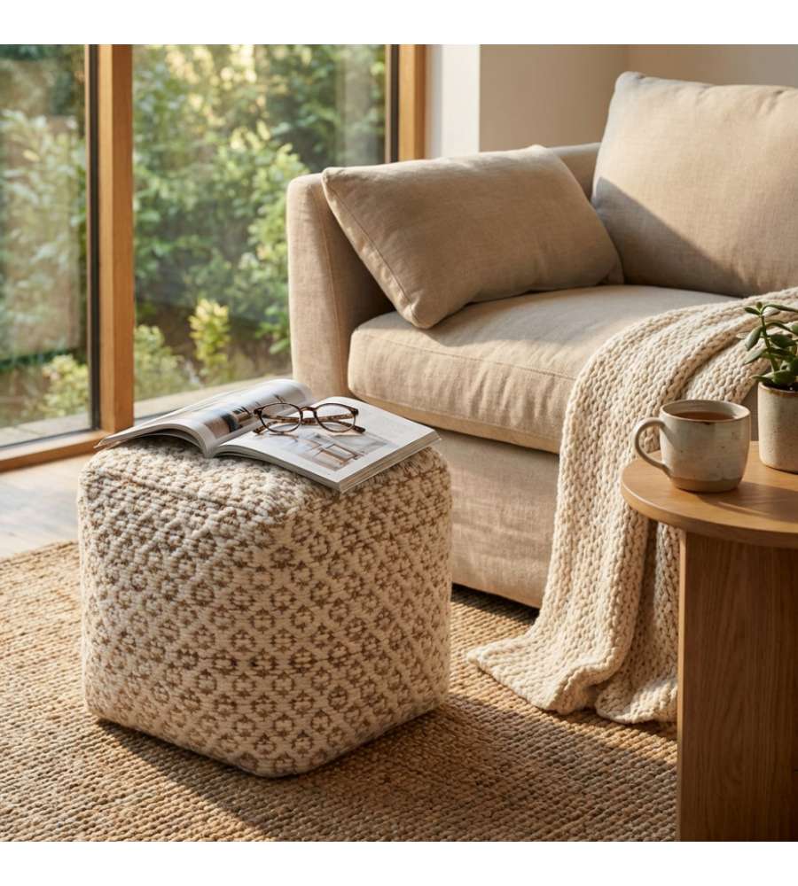 Cosma Pouf Quadrato in Juta e Lana 40x40 cm Bianco/Marrone Moderno