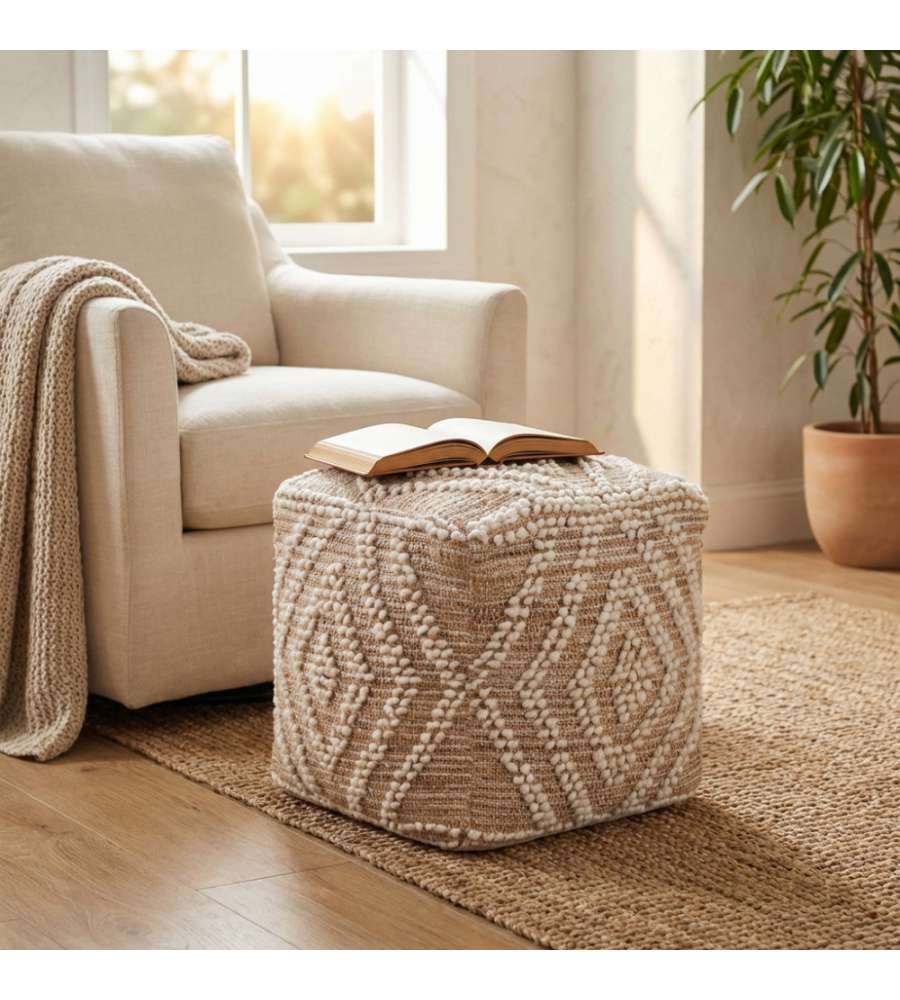 Cosma Pouf Quadrato in Juta e Lana 40x40 cm Ecr� e Marrone Chiaro