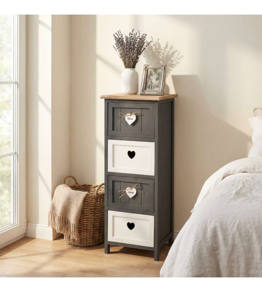 Cosma Mobiletto 4 Cassetti Grigio in Legno Stile Shabby Chic 30x27,5x81 cm
