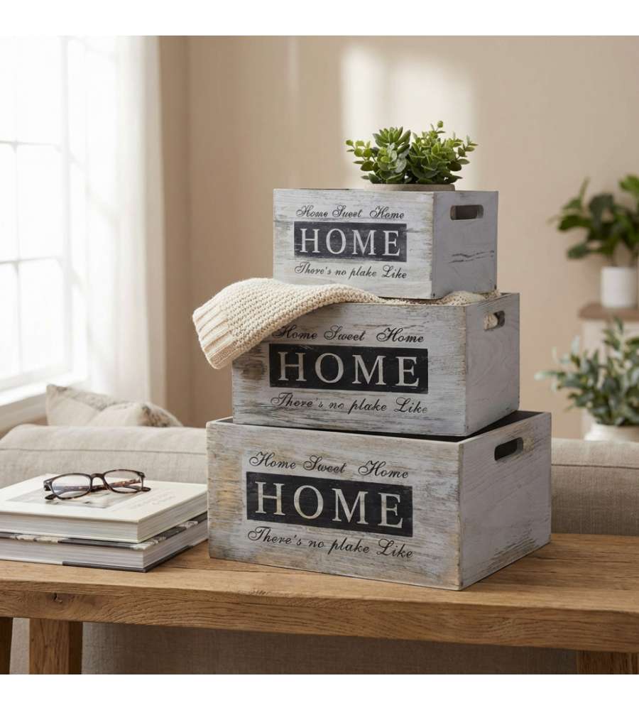 Cosma Set di 3 Cassette in Legno Grigio Chiaro Stile Shabby Chic