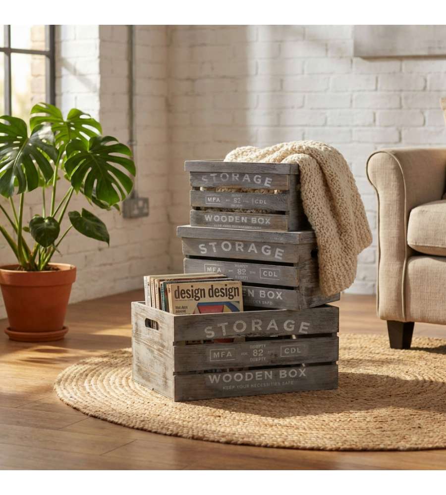 Cosma Set di 3 Cassette Adelita in Legno Grigio Shabby Chic Rettangolari