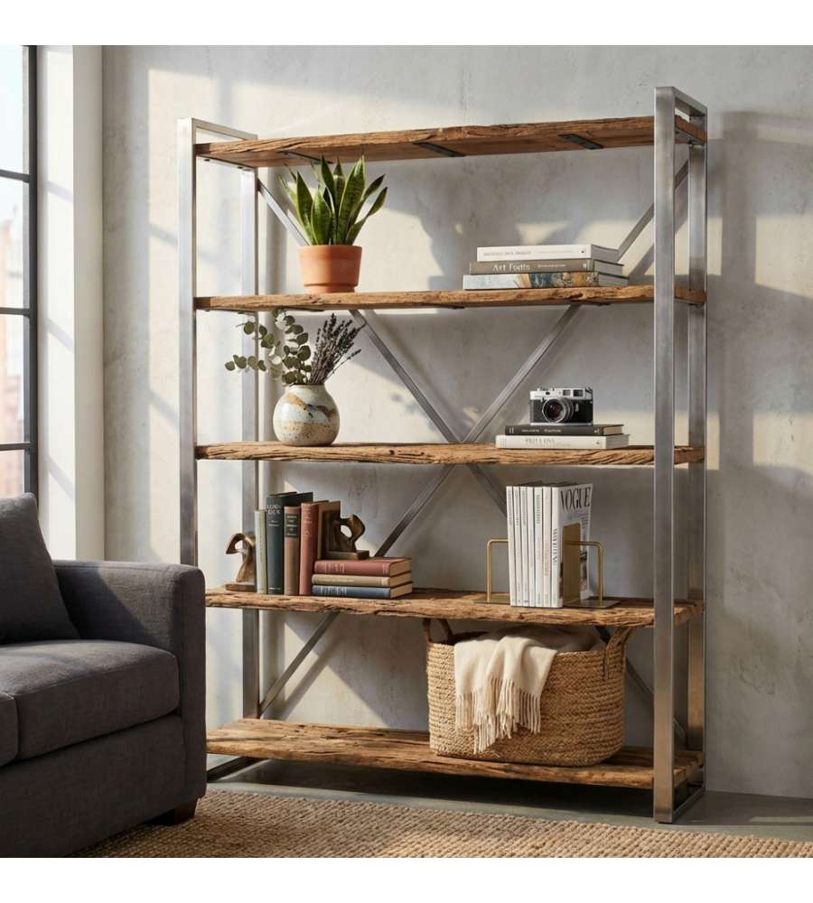 Cosma Mobile Zeke - Libreria Rettangolare Legno Riciclato 118x37x218 cm Marrone