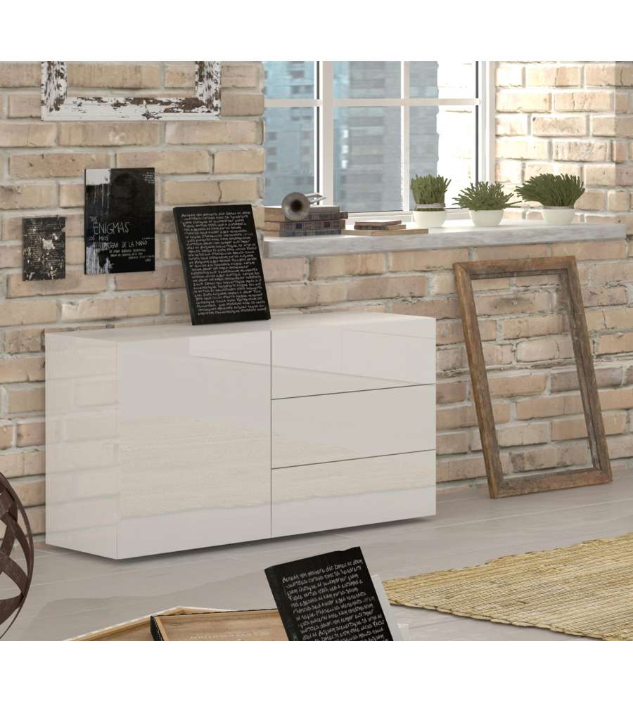 Credenza Moderna, Madia di Design, 2 ante e 3 cassetti, Bianco Lucido