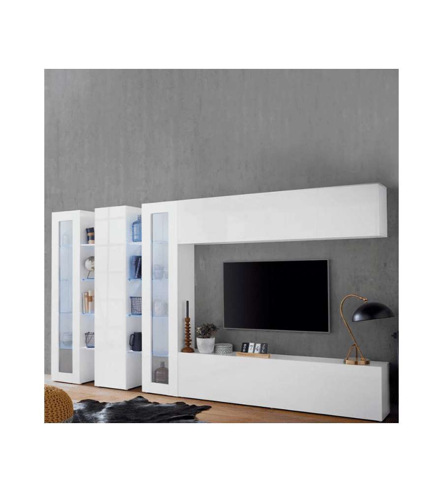 Web Furniture Parete Attrezzata Moderna Soggiorno Bianco Lucido 340x30x180