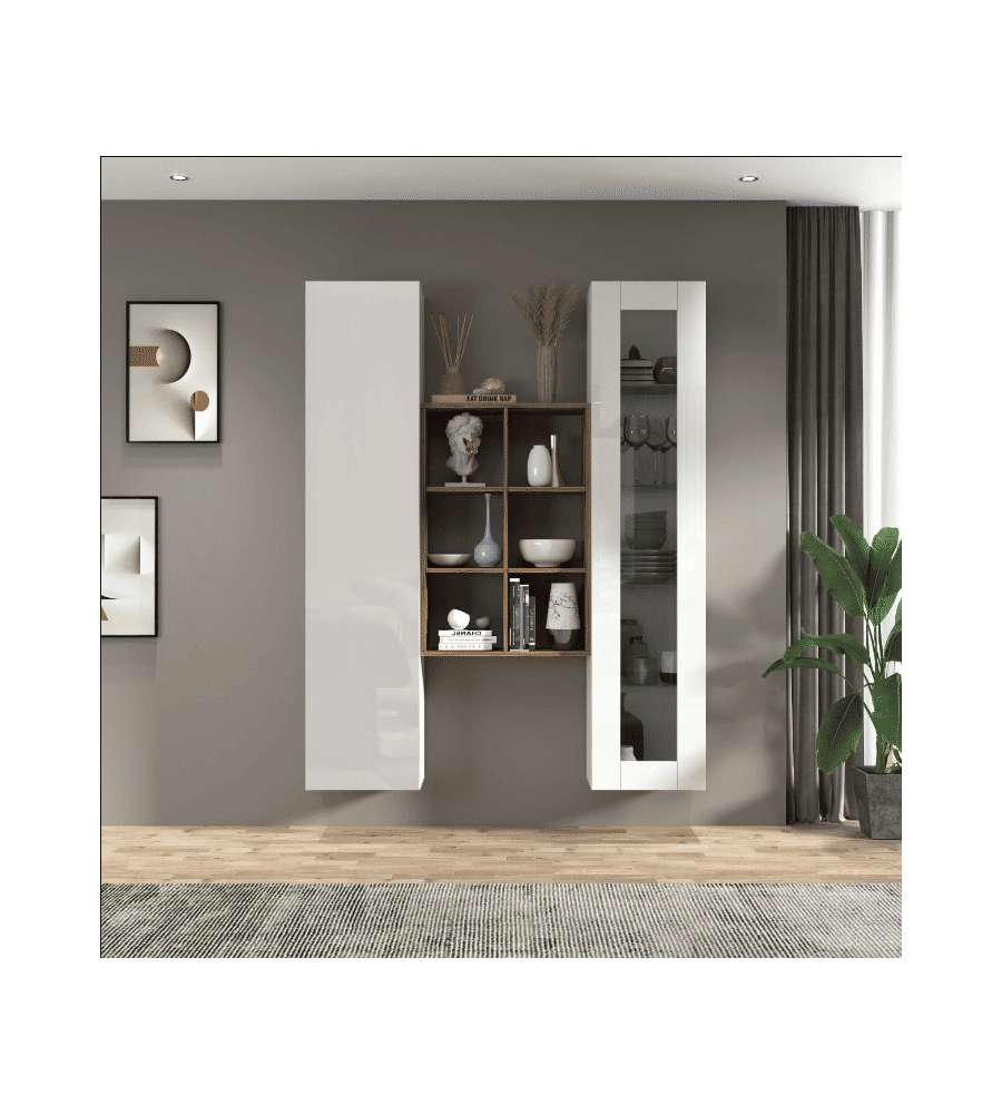 Web Furniture Parete Attrezzata Soggiorno Bianca Lucida 140x30x180 cm
