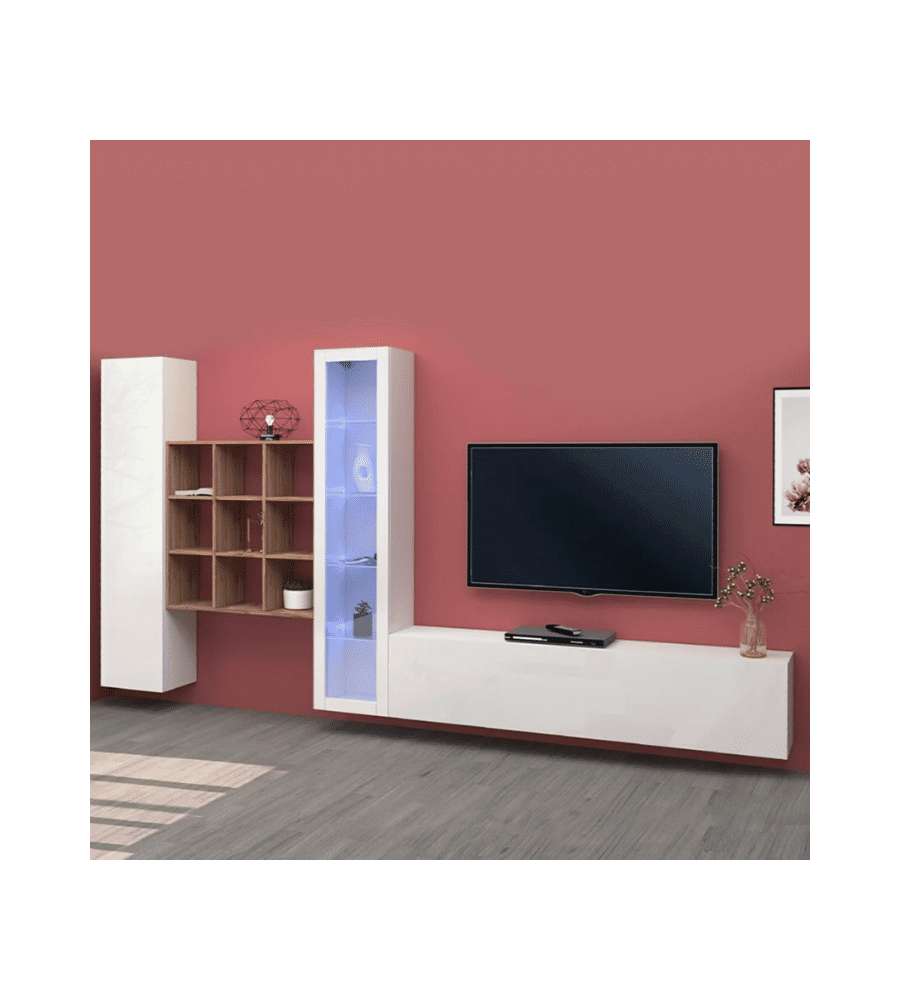 Parete Attrezzata Moderna Soggiorno Bianco Lucido 350x30x180 cm