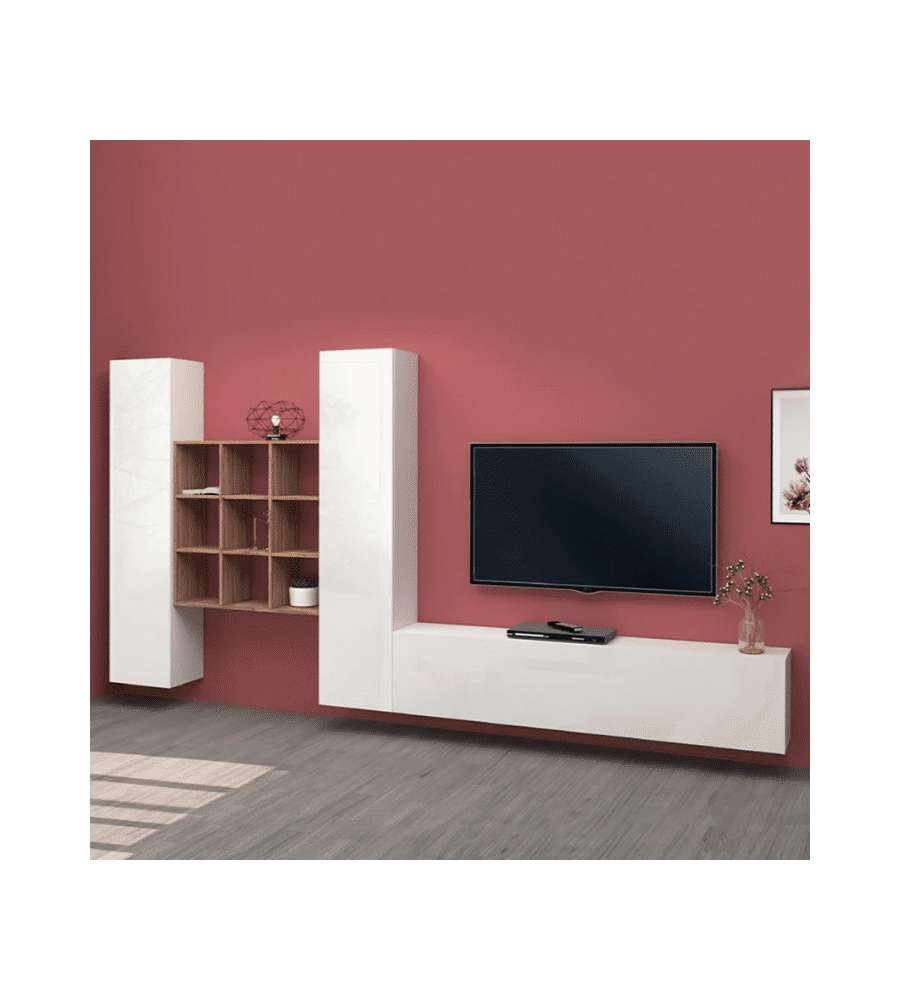 Parete Attrezzata Maruska Soggiorno Bianco Lucido 350x30x180 cm