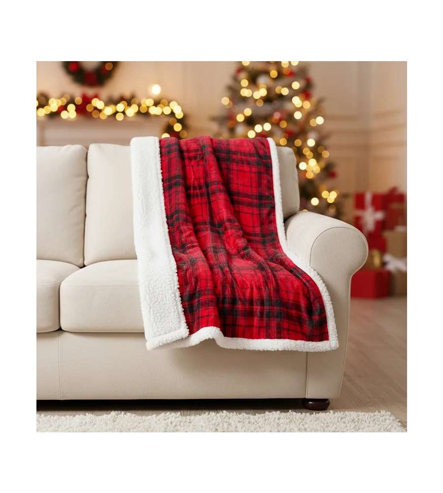 Plaid Tartan Rosso 130x160 cm in Flanella con Retro Sherpa