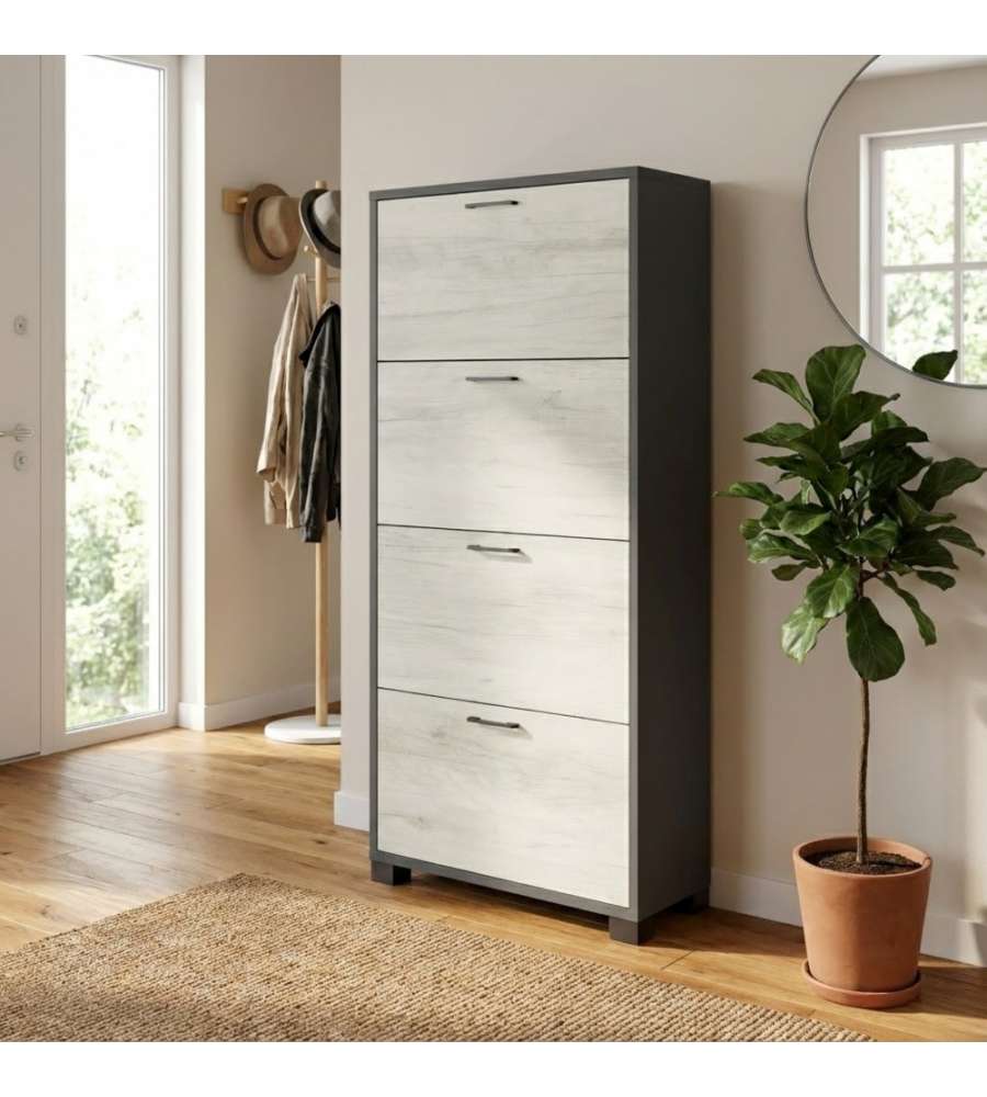 Cosma Scarpiera 4 Ante 24 Paia MDF Titanio Quercia Bianco 70x29x151 cm