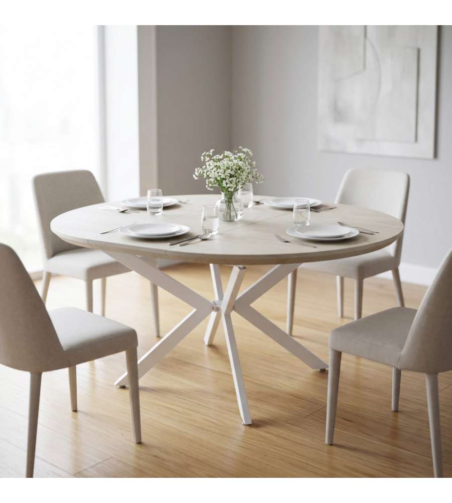 Cosma Tavolo Rotondo Allungabile Bianco Effetto Legno 120/160 cm