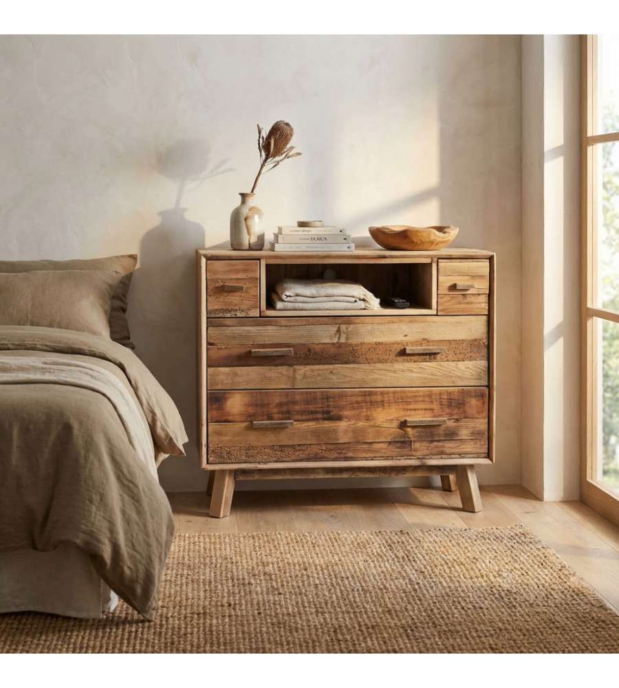 Cosma Cassettiera 4 Cassetti in Legno Pino Riciclato Marrone 110x48x92 cm