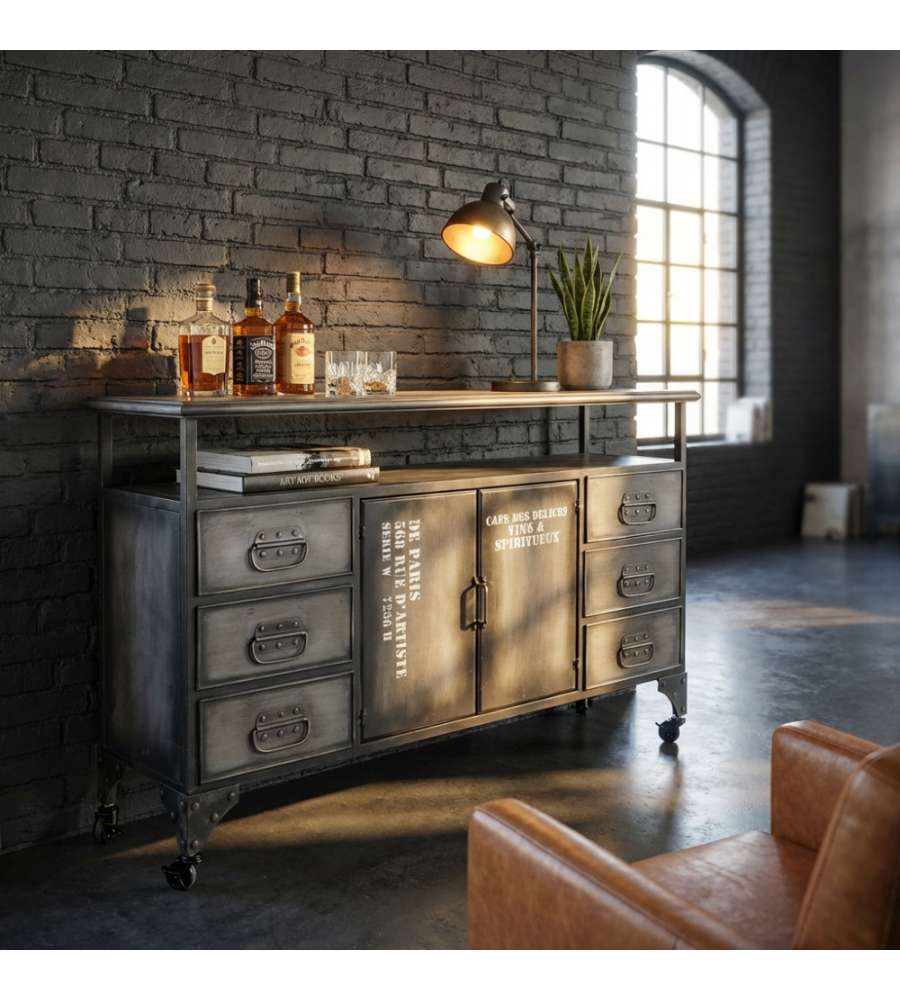 Cosma Mobile Soggiorno in Ferro Antracite 132,5x37,5x82 cm con 6 Cassetti e 2 Ante