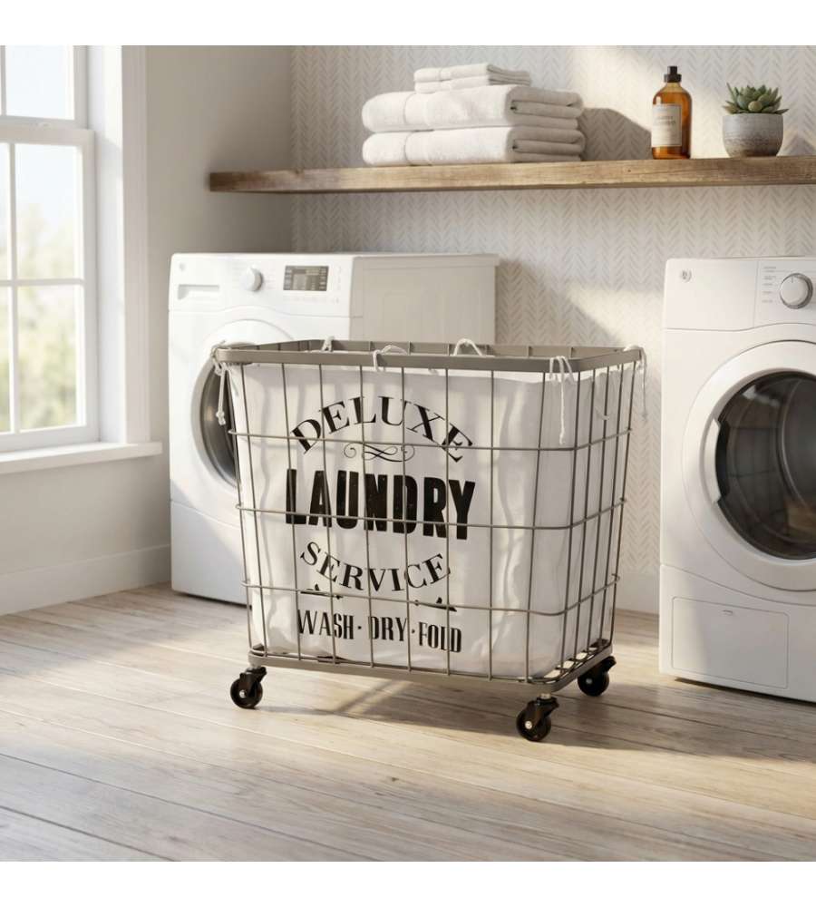 Cosma Porta Biancheria Ferro e Stoffa Bianco 48x35,5x44 cm Stile Industrial