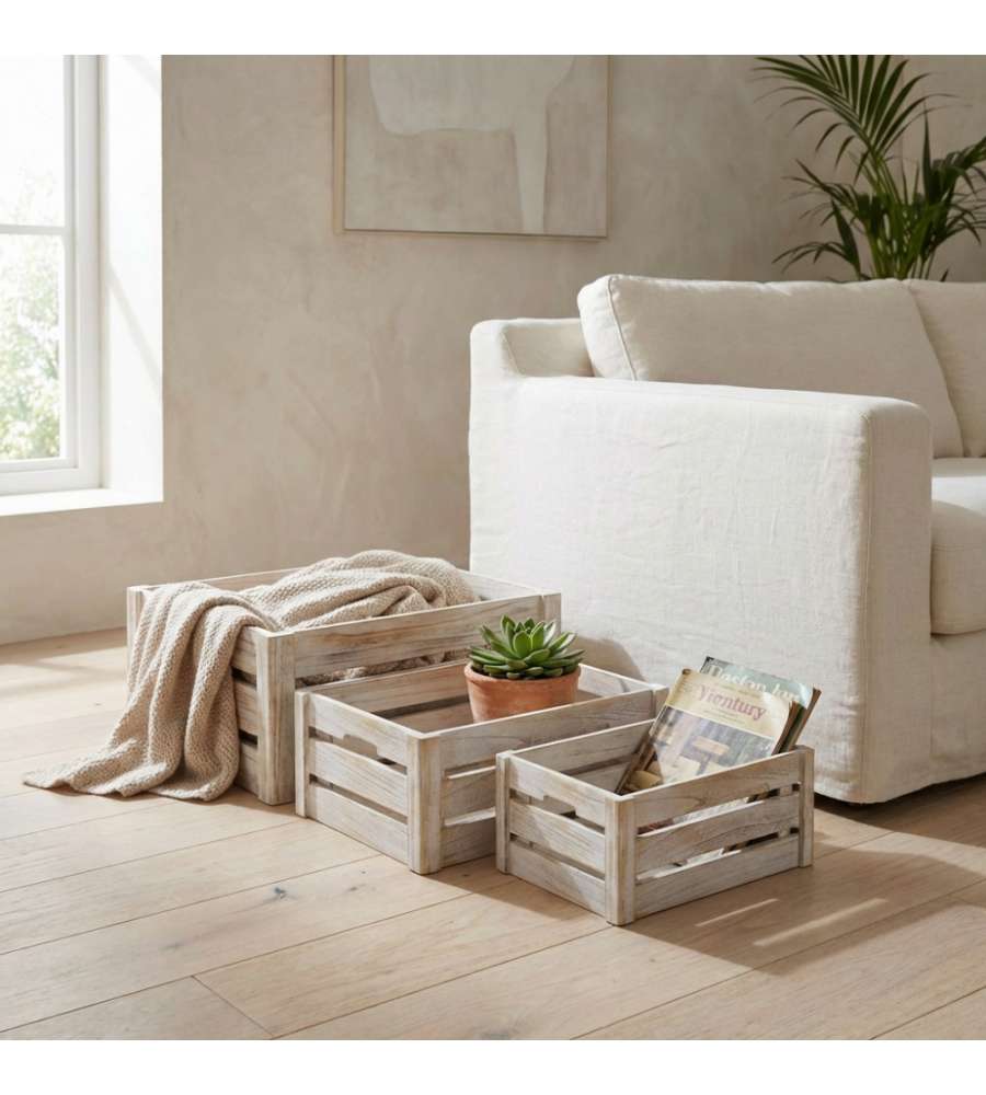 Cosma Set 3 Cassette Legno Paulownia Grigio 40x30x18 cm - Contenitori Decorativi