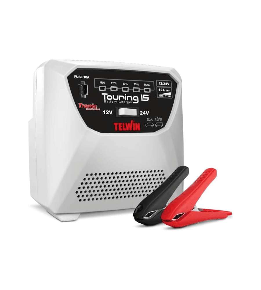 Telwin Caricabatterie Touring 15 12V/24V Grigio con Pinze e LED