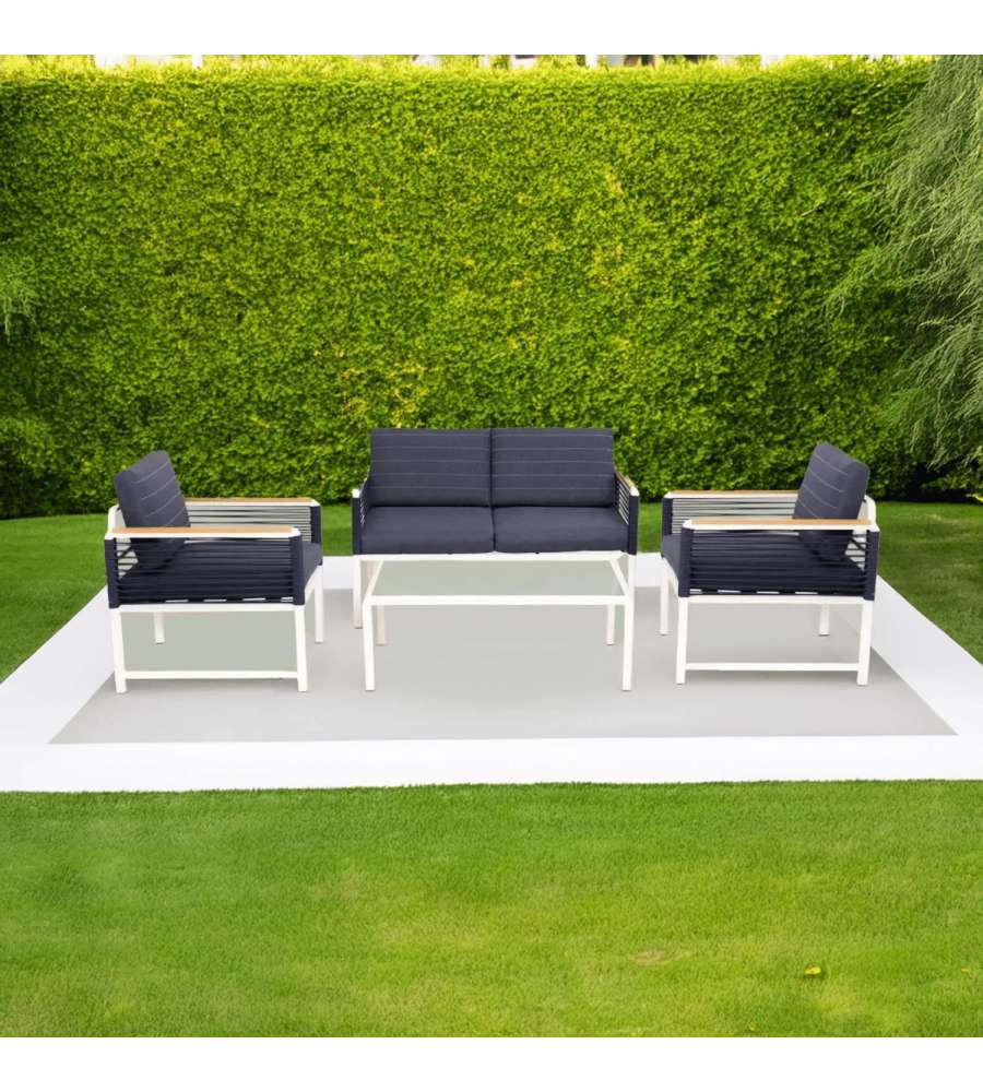 Salotto Papavero da Giardino 4 Posti Bianco/Blu con Cuscini Sfoderabili