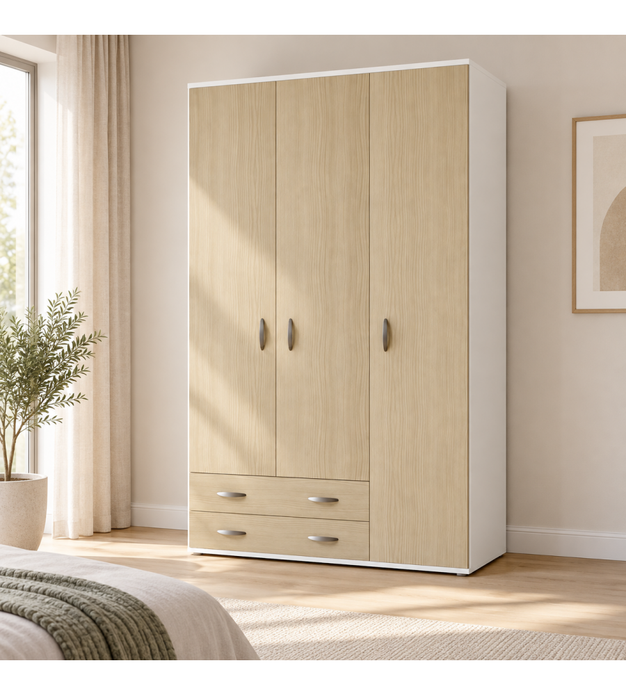 Armadio Monza 3 Ante e 2 Cassetti Bianco Olmo - 120x52x207 cm