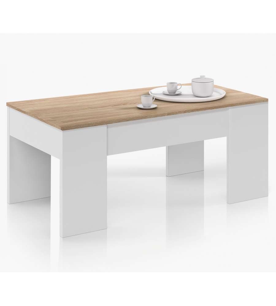 Tavolino da caffe' sollevabile 100 X 68 X 39 cm con rialzo salvaspazio  soggiorno BIANCO+ROVERE - 0F6633BO