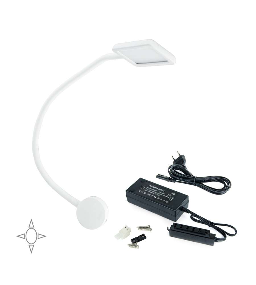 Emuca Applique LED, quadrato, braccio flessibile, sensore touch, 2 USB, Bianco, Convertitore 30 W