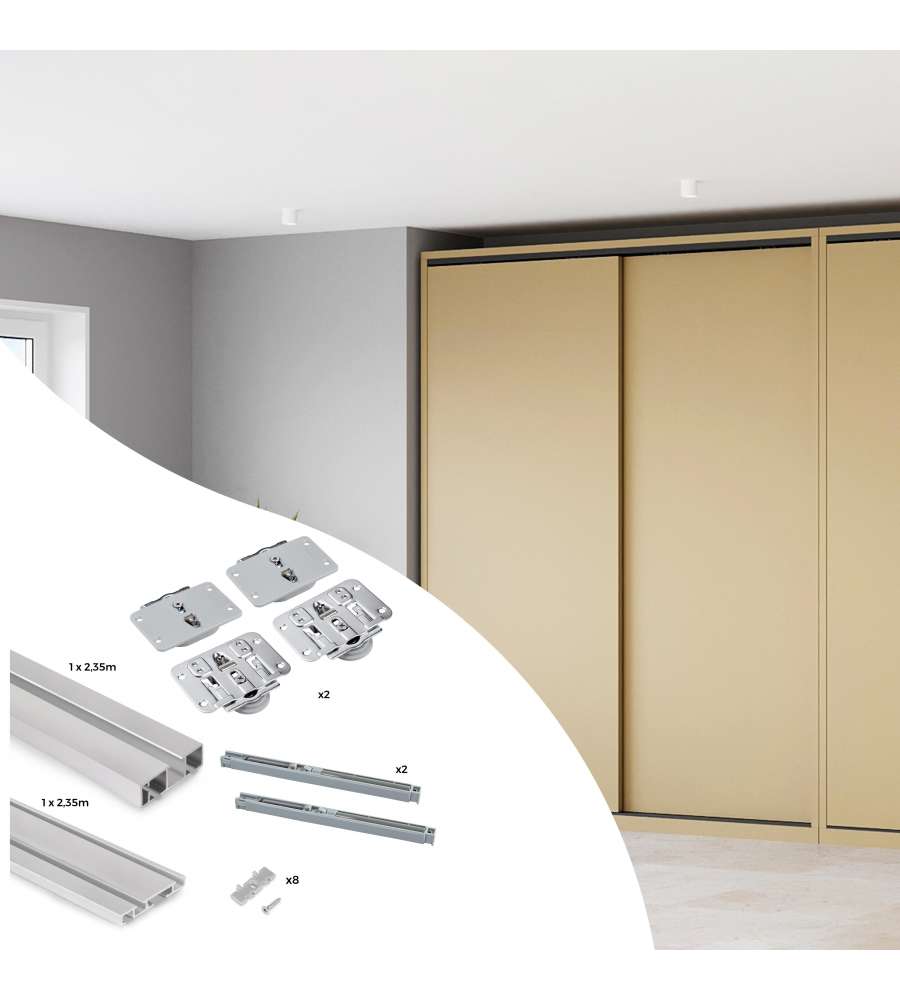 Emuca Sistema Flow da superficie in kit per un armadio con 2 ante scorrevoli in legno supportate da chiusura ammortizzat
