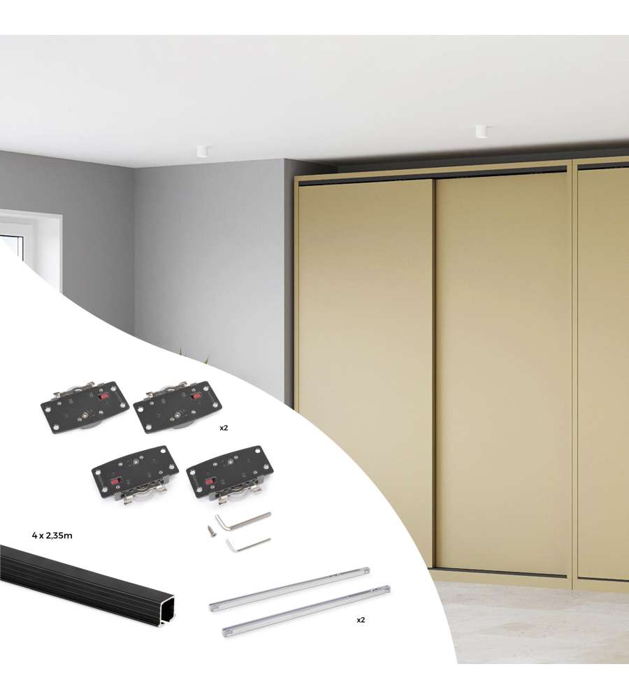 Emuca Kit di ferramentaper porte scorrevoli e a chiusura morbida Flow2 2 con binari incassati 2,35 m, pannelli non inclusi, Verniciato nero 1 KIT