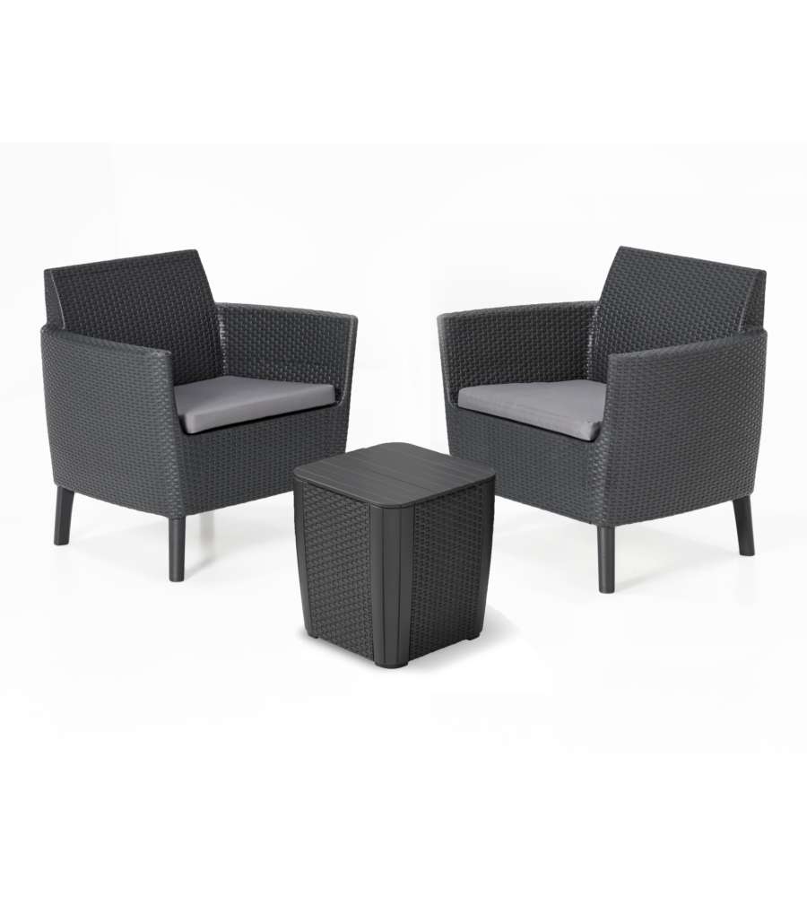 SALEMO BALCONY SET con cuscini - Poltrone 79x66,5x76h Tavolino Luzon contenitore 39x39x42h - Flat Wicker 7 mm - Grafite Keter