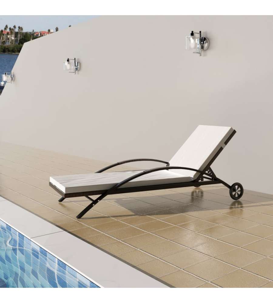 Lettino Prendisole con Cuscino e Ruote in Polyrattan Marrone 42488
