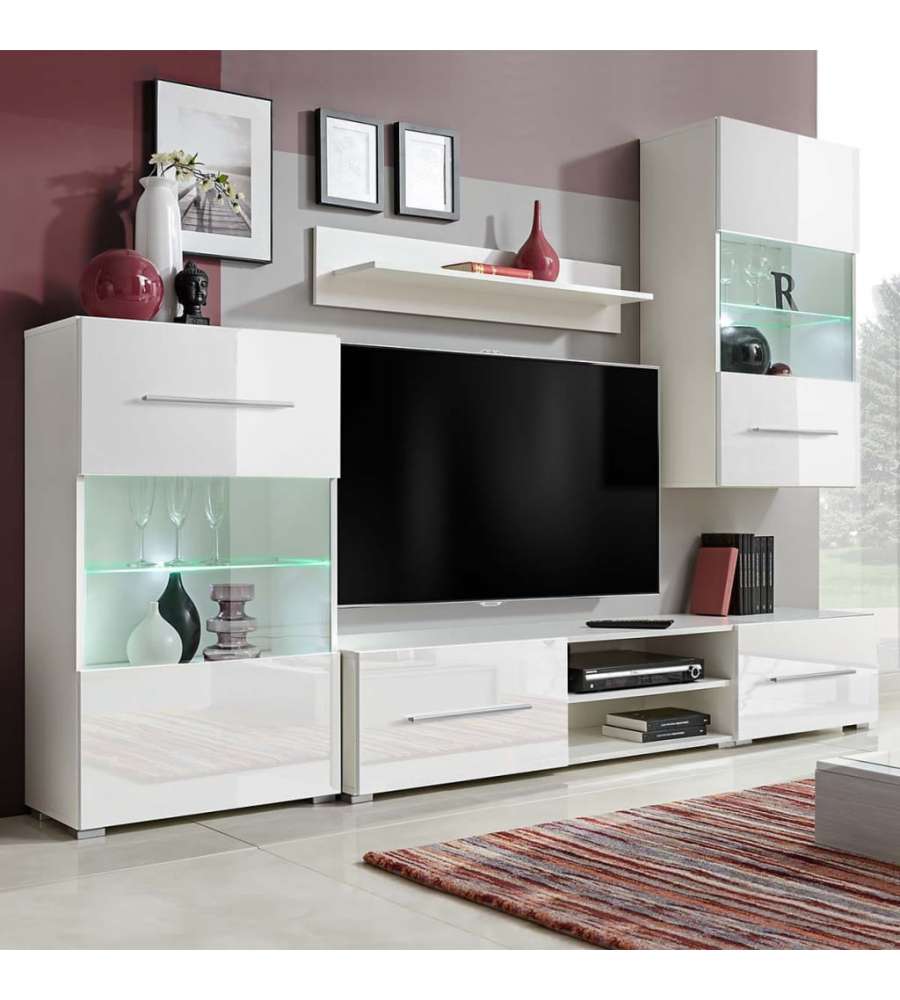 Mobile TV Moderno A Parete Con Vetrina 5 Pezzi E Luci LED Bianche - Finitura Opaca Bianca