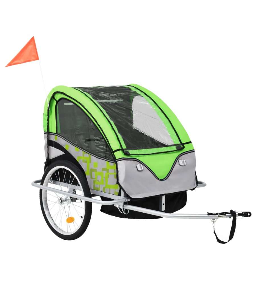 Rimorchio Bici Per Bambini E Passeggino 2 In 1 Verde E Grigio