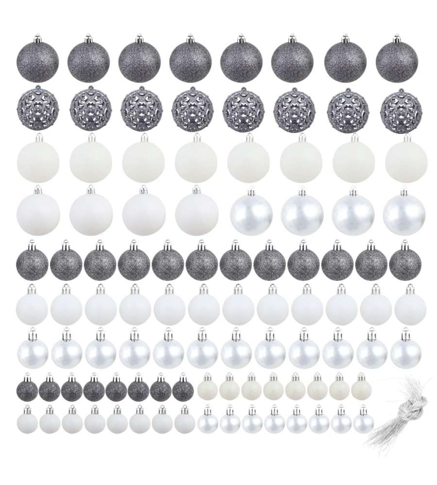 Set Palline di Natale 100 pz 3/4/6 cm Bianco/Grigio