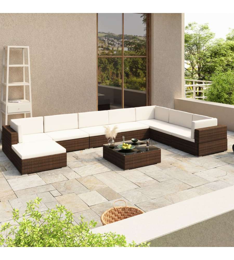 Set Divani da Giardino 8 pz con Cuscini in Polyrattan Marrone