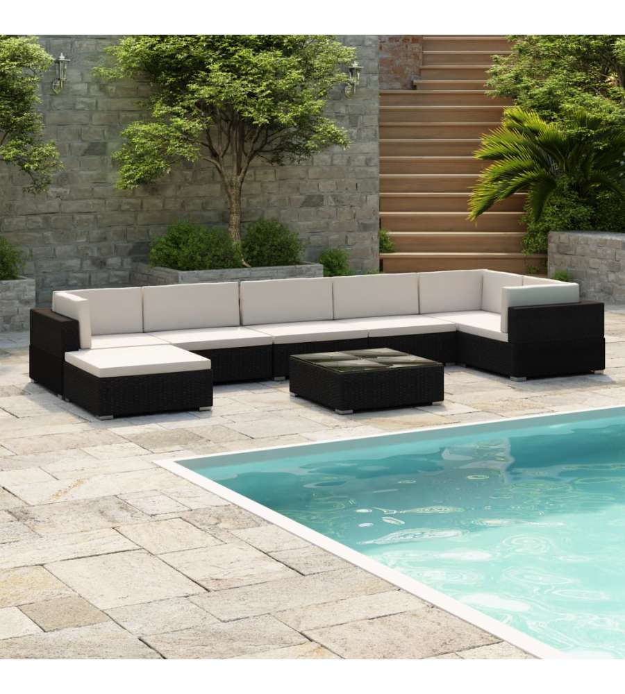 Set Divani da Giardino 8 pz con Cuscini in Polyrattan Nero 41261