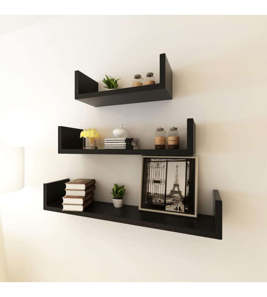Mensole per Pareti Nere 3 pz Forma a U in MDF per Libri/DVD