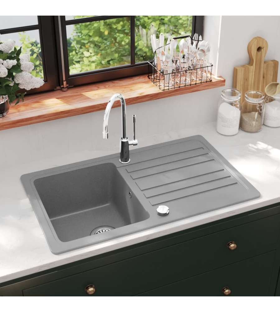 Lavandino cucina granito singolo con scolapiatti reversibile grigio