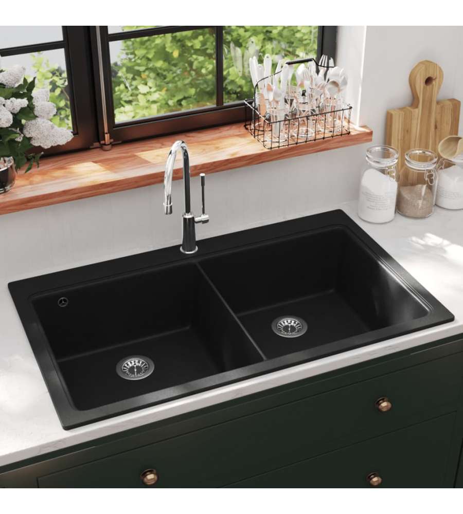Lavandino Cucina Granito Nero Doppio con Montaggio Sopra