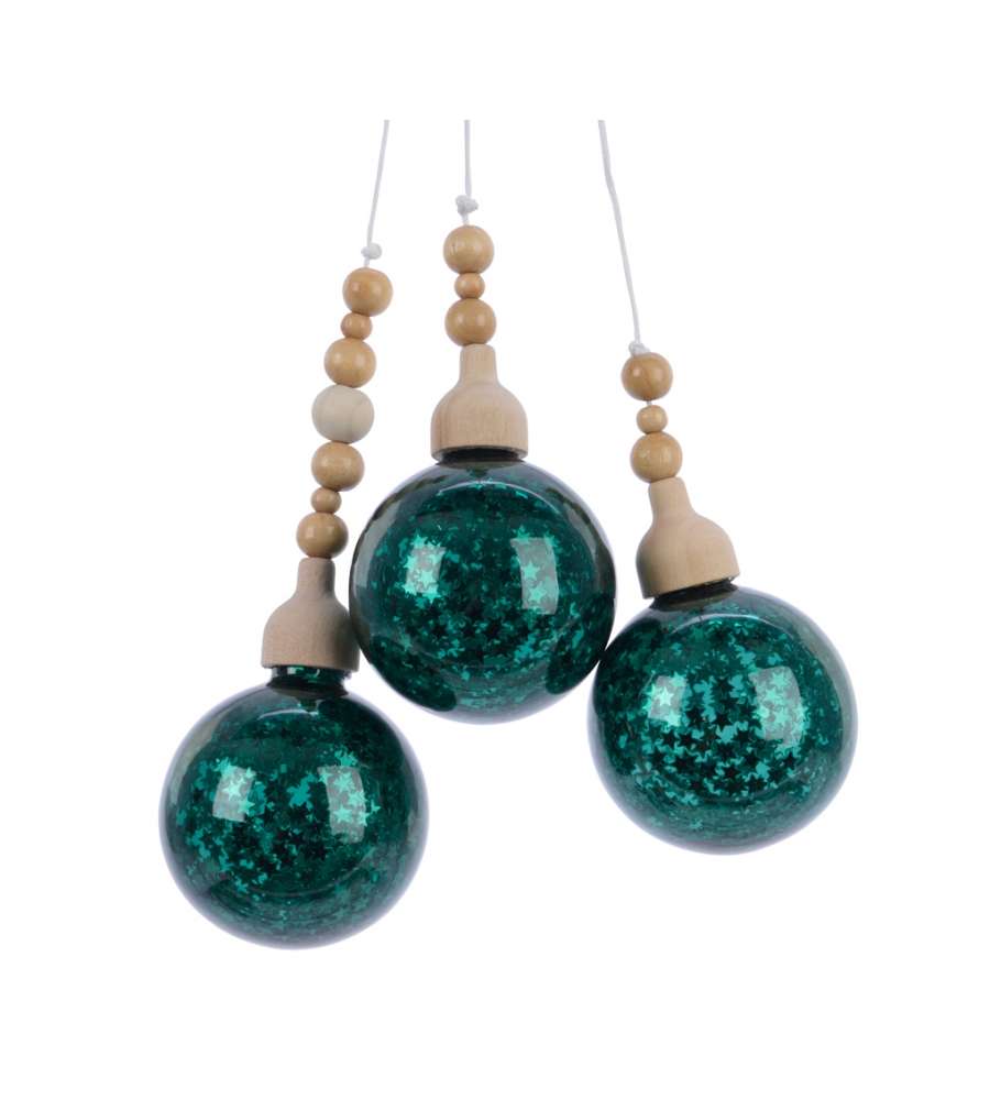 Sfere glitter petrolio con perle legno 3 pz