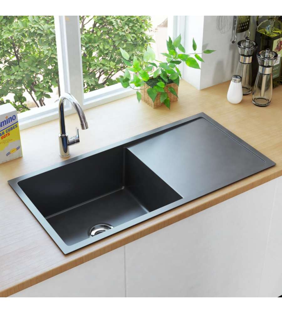 Lavello da Cucina Lavorato a Mano con Filtro Nero Acciaio Inox